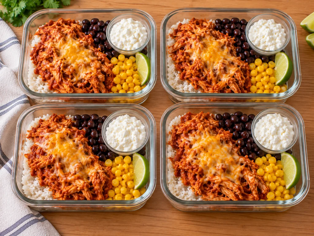 Meal-prep containers with enchilada chicken, rice, beans, corn and melted cheese, with cottage cheese in small cups.