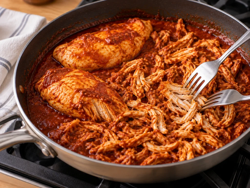 Shredded chicken in red enchilada sauce in a skillet with two forks.