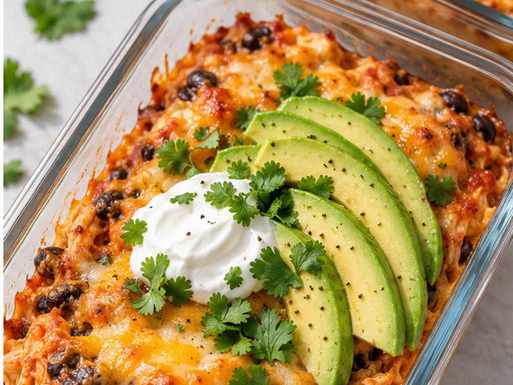 Baked chicken and black bean bowl with melted cheese, avocado slices, cilantro and a creamy topping.