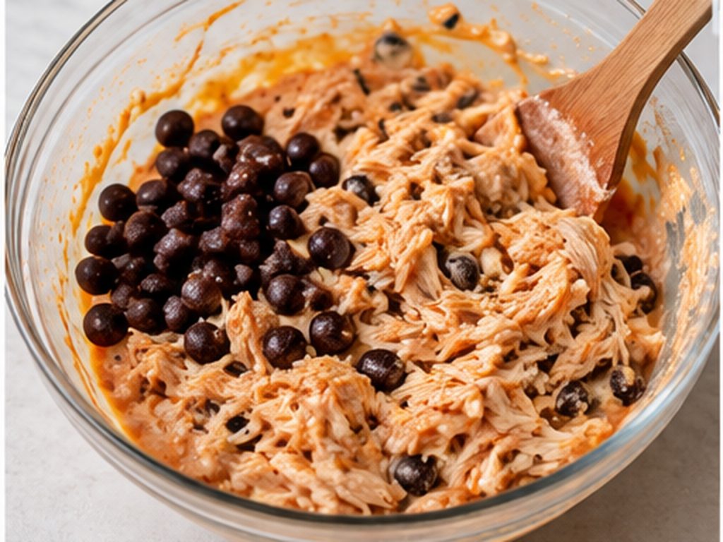 Shredded chicken and black beans in the creamy enchilada mixture with a wooden spoon.