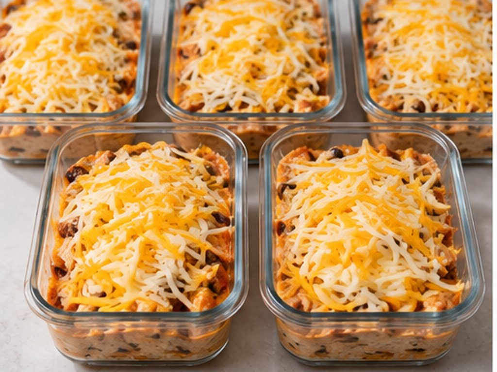 Five portions of chicken mixture topped with shredded cheese before baking.