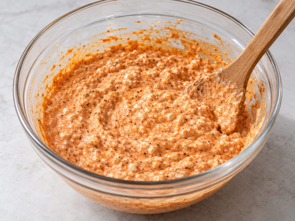 Creamy cottage cheese and red enchilada sauce stirred together in a glass bowl.