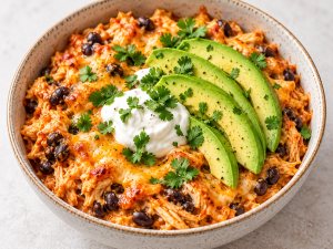 Chicken fajita meal prep bowl with cottage cheese, melted cheese, avocado and cilantro.
