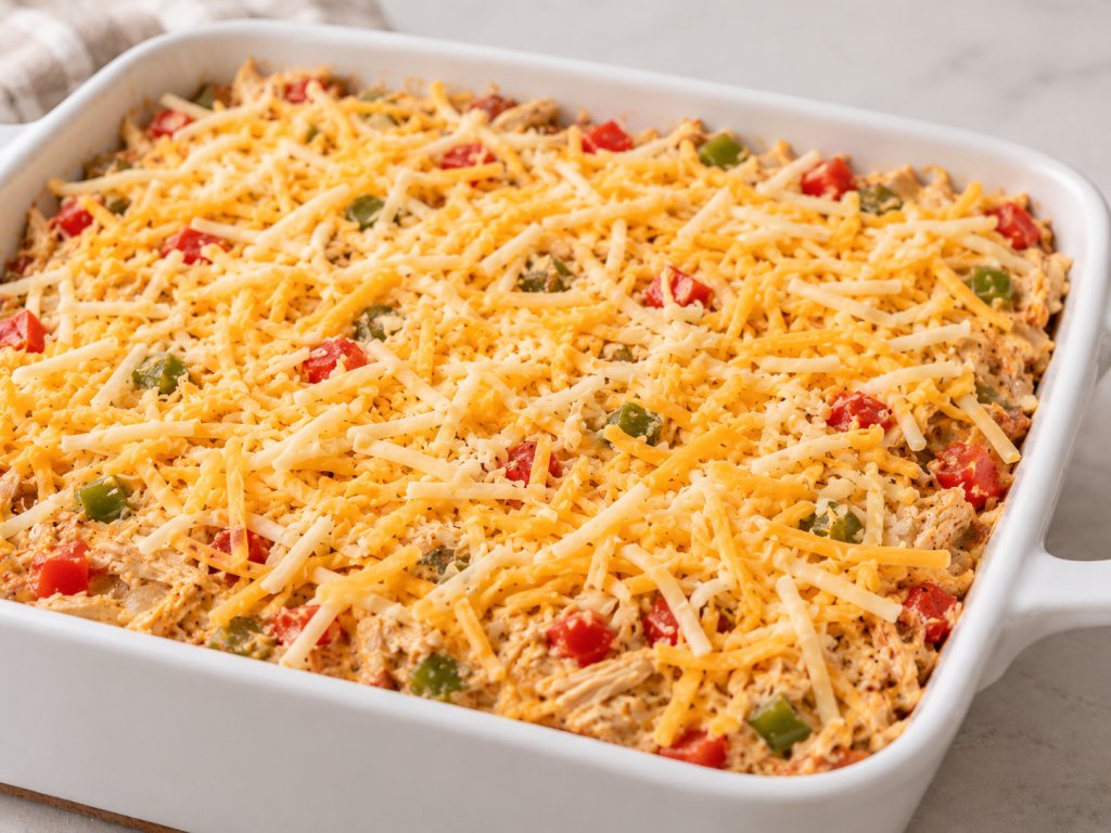 Chicken and vegetable filling topped with shredded cheese in a white baking dish before baking.