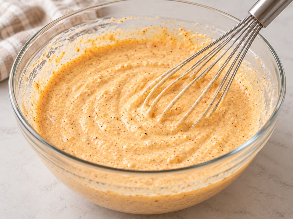 Seasoned cottage cheese and egg mixture in a glass bowl with a whisk.