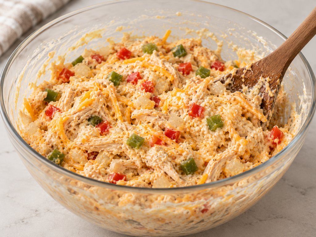 Shredded chicken, peppers, onion and cheese folded into the creamy filling in a glass bowl.