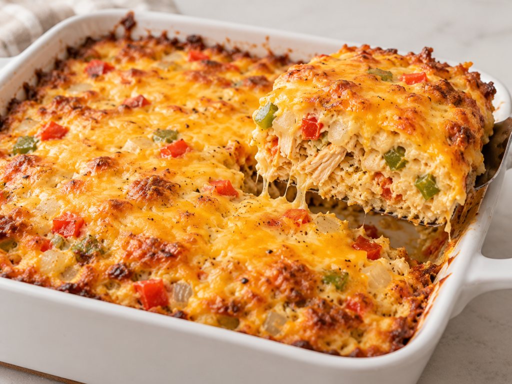 A serving lifted from the baked chicken taco casserole, showing chicken, peppers and onion beneath melted cheese.