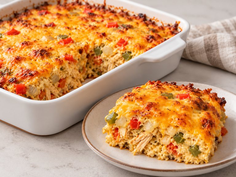 Chicken taco cottage cheese bake in a white dish with a serving on a plate.