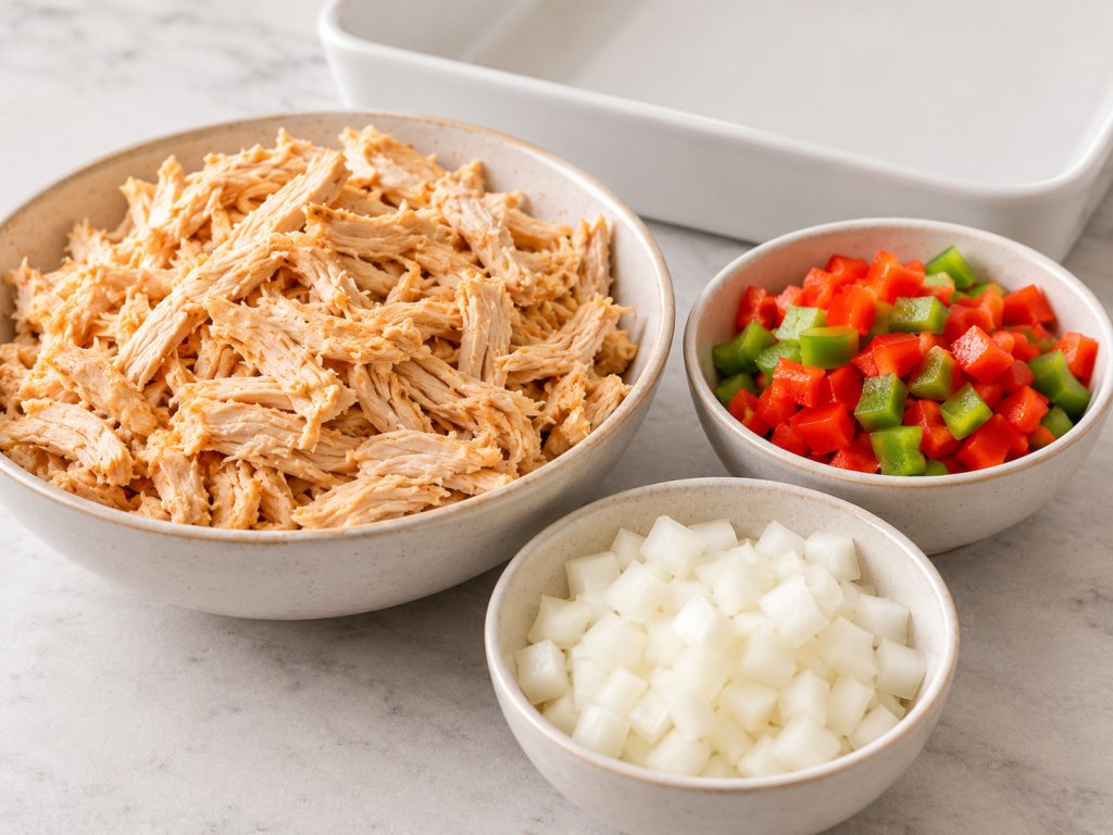 Shredded chicken, diced red and green bell peppers, and diced onion beside an empty baking dish.