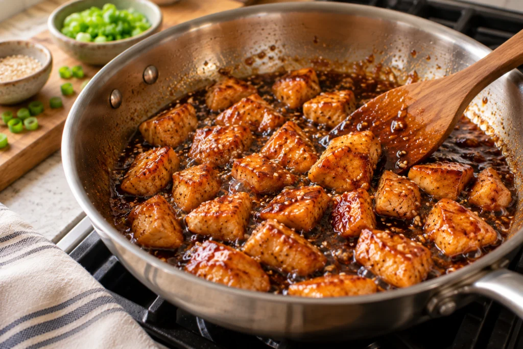 Chicken pieces coated in a glossy, thick teriyaki glaze in a skillet with sesame seeds.