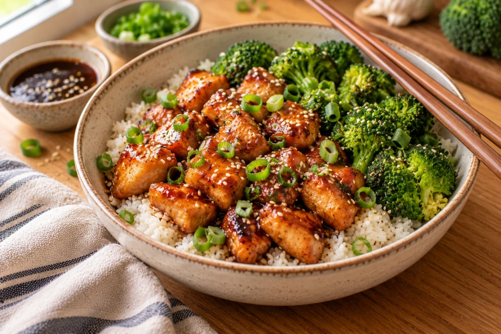 A chicken teriyaki bowl with glossy glazed chicken, white rice, steamed broccoli, sesame seeds and green onions.