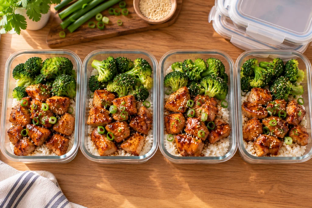 Four meal prep containers with rice, steamed broccoli and teriyaki chicken topped with sesame seeds and green onion.