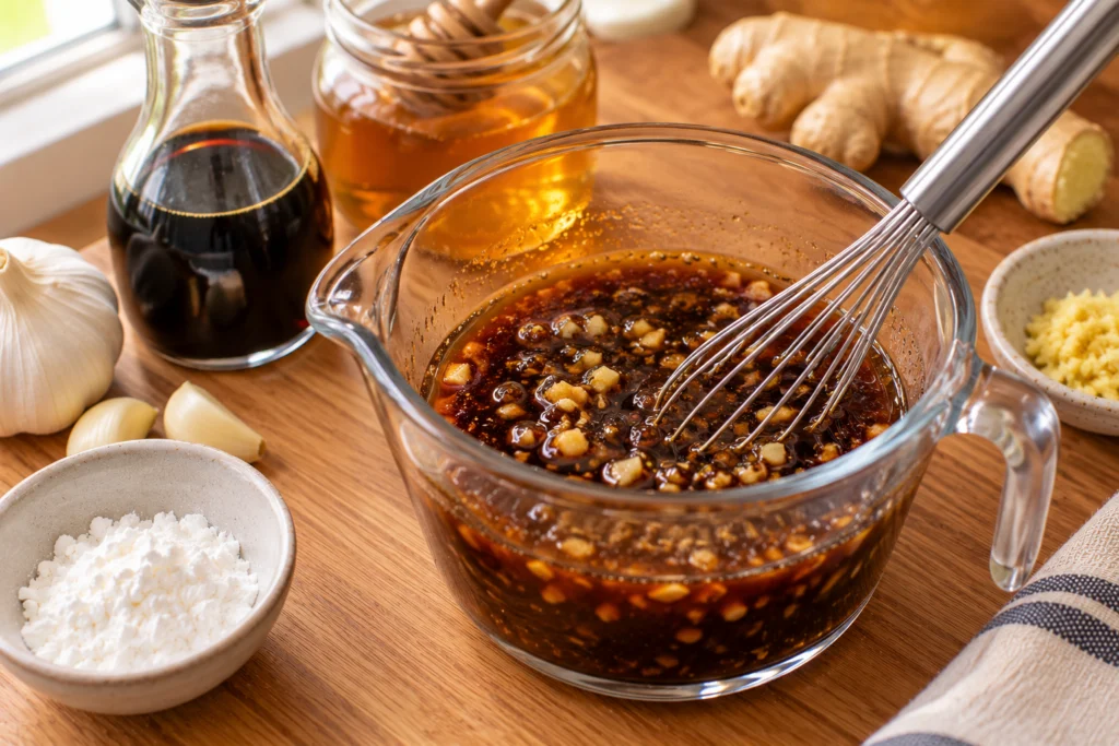 Homemade teriyaki sauce being whisked in a measuring cup with soy sauce, honey, garlic and ginger.