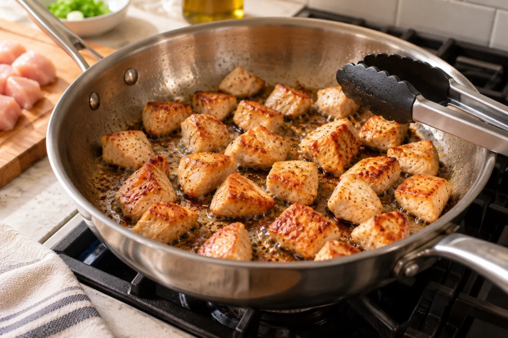 Bite-size chicken breast pieces searing until golden in a 12-inch skillet.