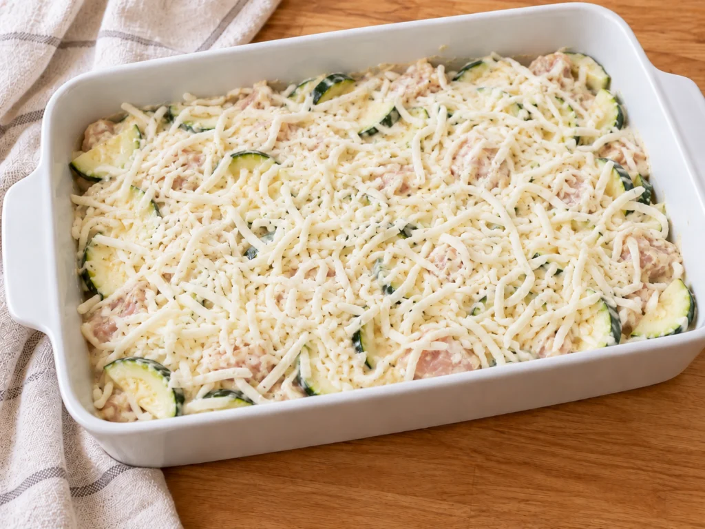 Unbaked chicken zucchini casserole covered with shredded mozzarella in a 9×13 dish.