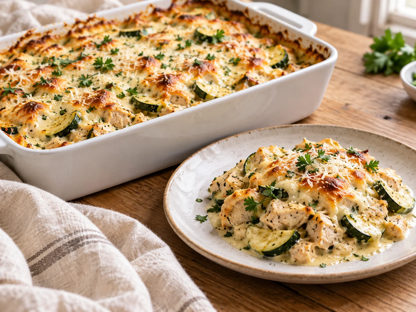 Chicken zucchini casserole with golden mozzarella and Parmesan, and a serving with zucchini slices on a plate.