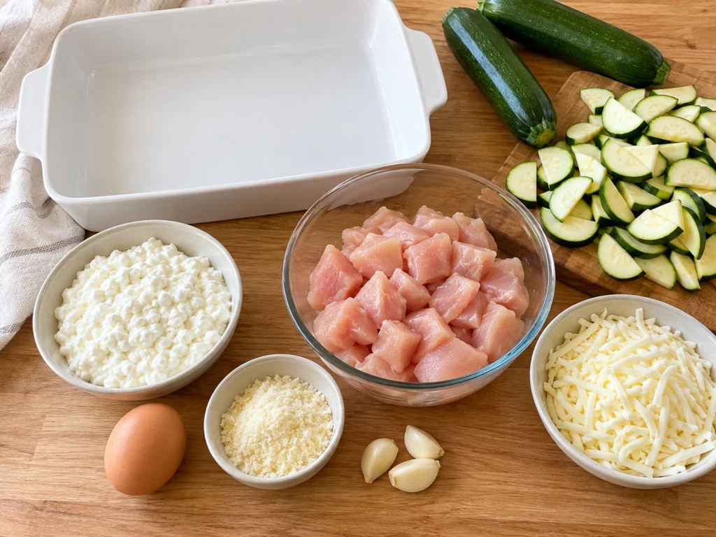 Raw chicken pieces, sliced zucchini, cottage cheese, an egg, Parmesan, shredded mozzarella and garlic on a counter.