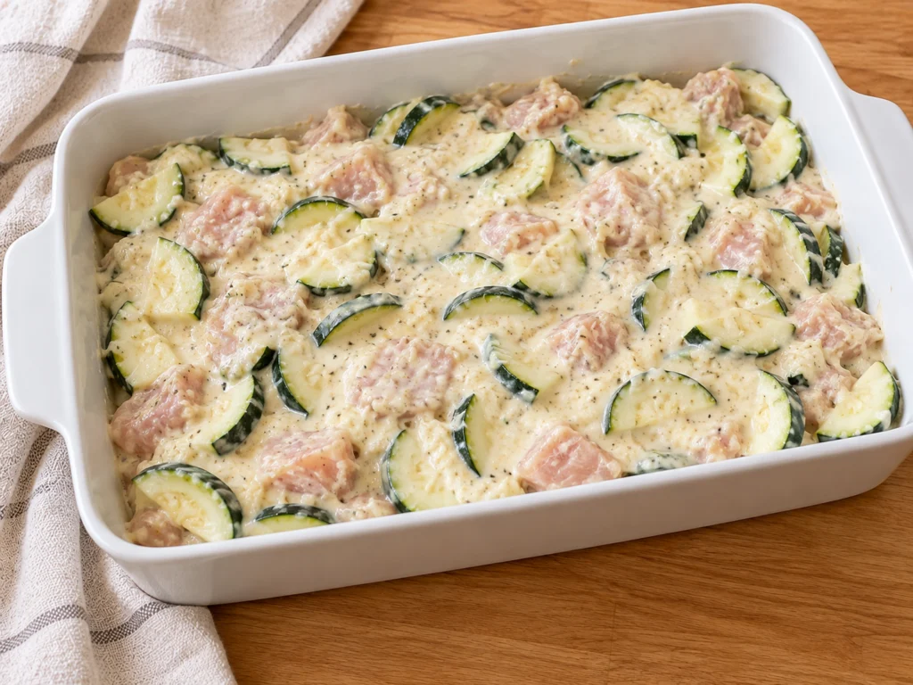 Chicken pieces and zucchini in a 9×13 dish covered with the creamy Parmesan sauce.