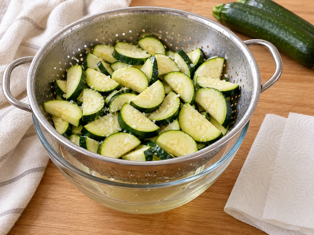 Salted zucchini half-moons draining in a colander over a bowl.