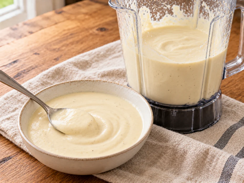 Smooth, pale cottage cheese Alfredo sauce in a blender jar with a spoon lifting some to show its texture.