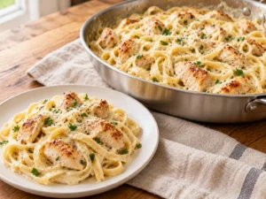 Cottage cheese chicken Alfredo with fettuccine, seared chicken and a creamy sauce in a skillet, with a serving on a plate.