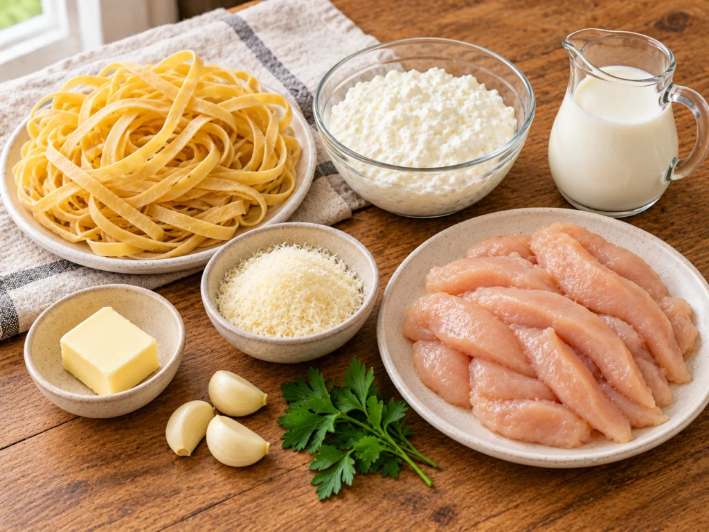 Fettuccine, raw chicken strips, a bowl of cottage cheese, milk, grated Parmesan, butter and garlic on a light wooden counter.