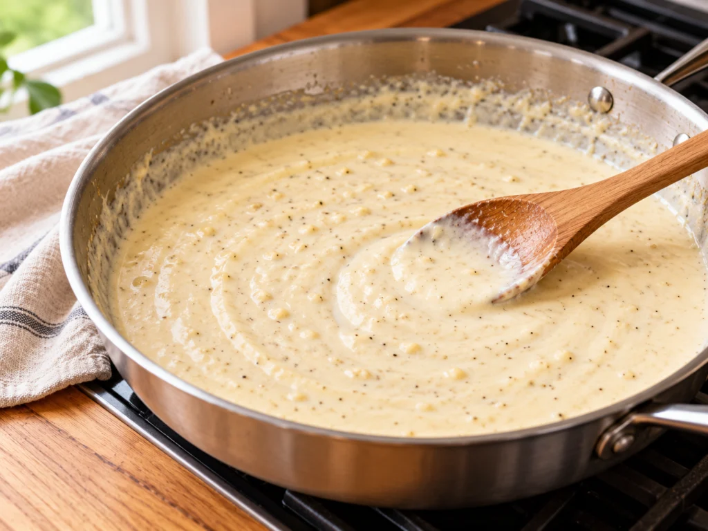 Creamy Alfredo sauce warming in a 12-inch skillet with minced garlic visible.