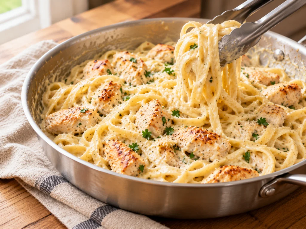 Fettuccine tossed with seared chicken pieces in a creamy sauce in the skillet, tongs lifting the pasta.