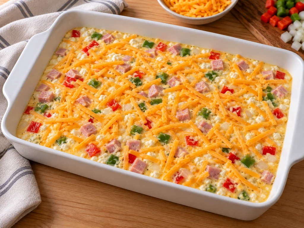 Egg and cottage cheese mixture poured over ham and vegetables in a 9×13 dish, sprinkled with cheddar, before baking.