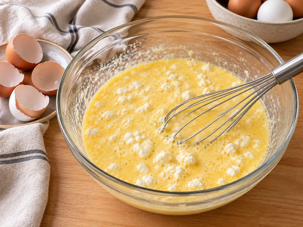 Eggs whisked with cottage cheese in a large glass bowl.
