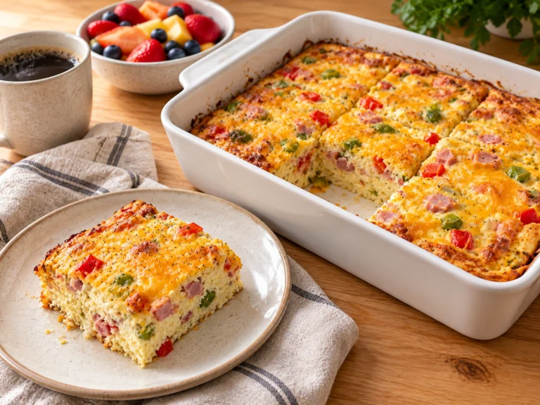 Cottage cheese egg bake with ham, peppers and cheddar cut into squares, with one square on a plate.