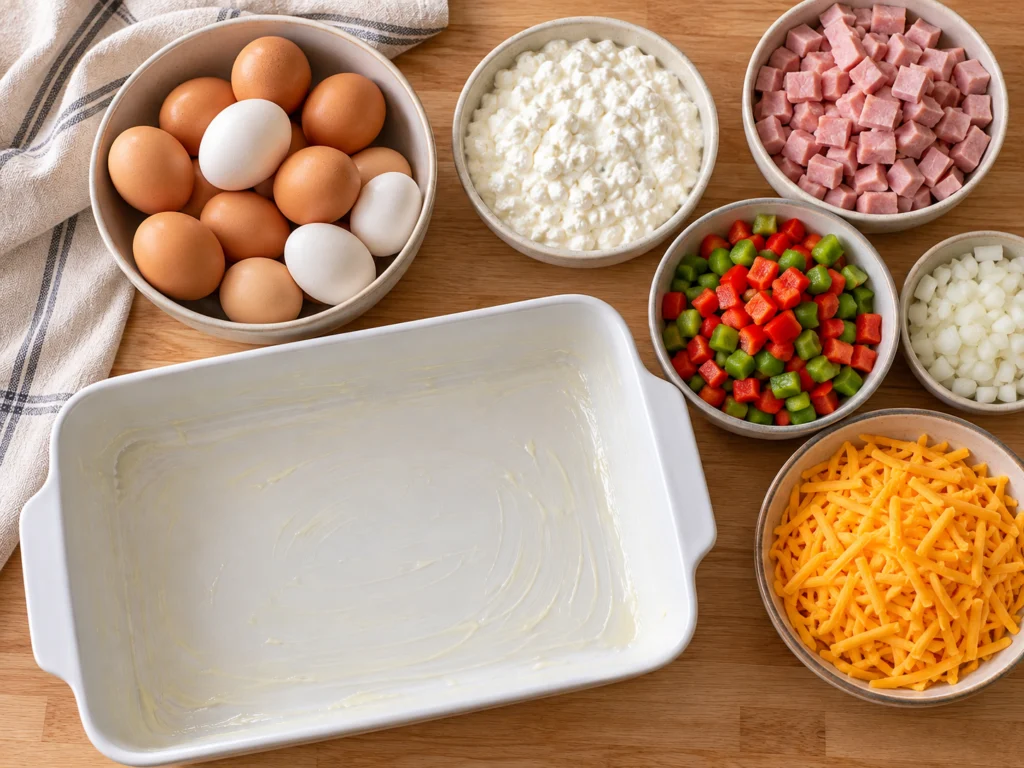 A carton of eggs, cottage cheese, diced ham, diced red and green bell peppers, onion and shredded cheddar on a counter.