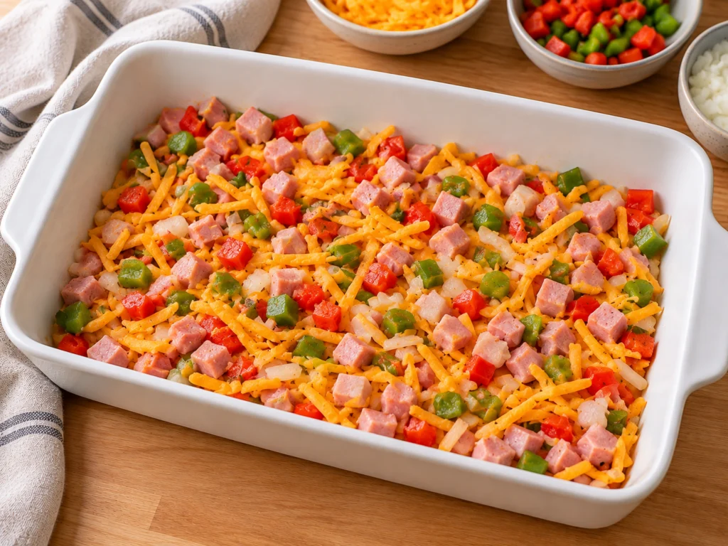 Diced ham, peppers and onion spread in a greased 9×13 dish before the eggs are added.