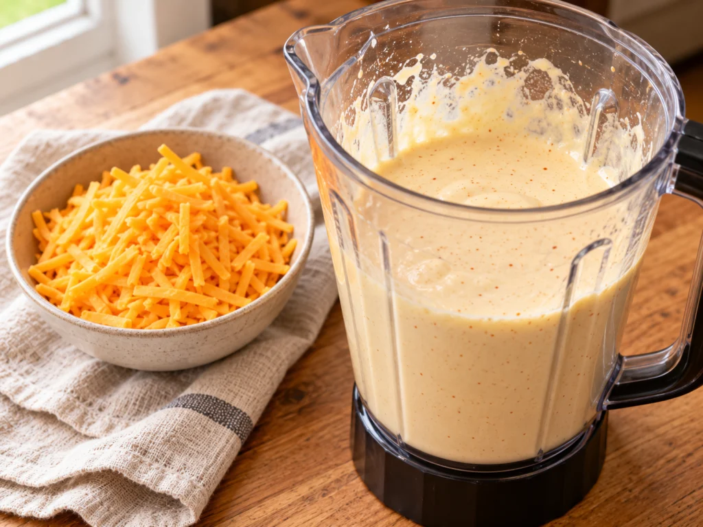 Smooth blended cottage cheese and milk sauce in a blender jar next to shredded cheddar.