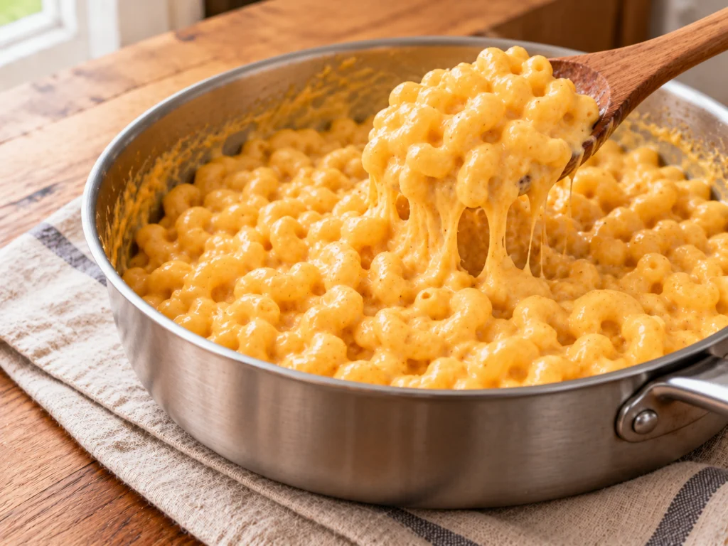 Creamy cottage cheese mac and cheese in the pot with a spoon lifting a cheesy scoop.