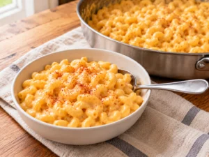 Cottage cheese mac and cheese in a white bowl with a creamy cheddar sauce clinging to elbow macaroni.