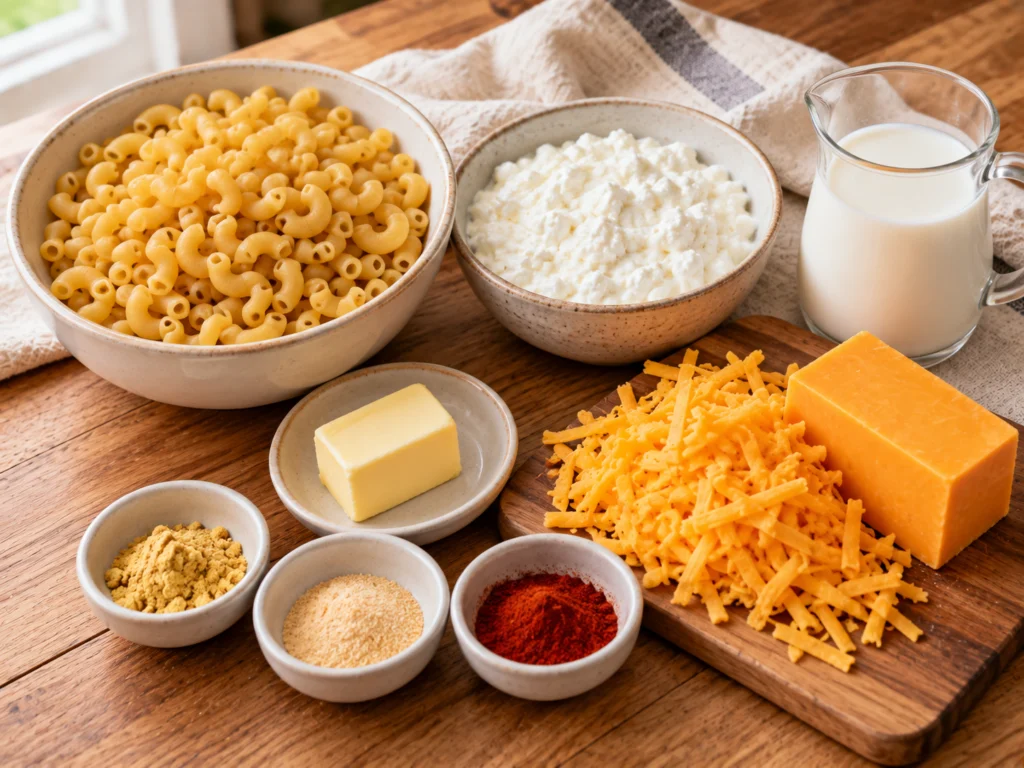 Elbow macaroni, a tub of cottage cheese, a block of sharp cheddar, milk, butter and small bowls of dry mustard and paprika on a light wooden counter.