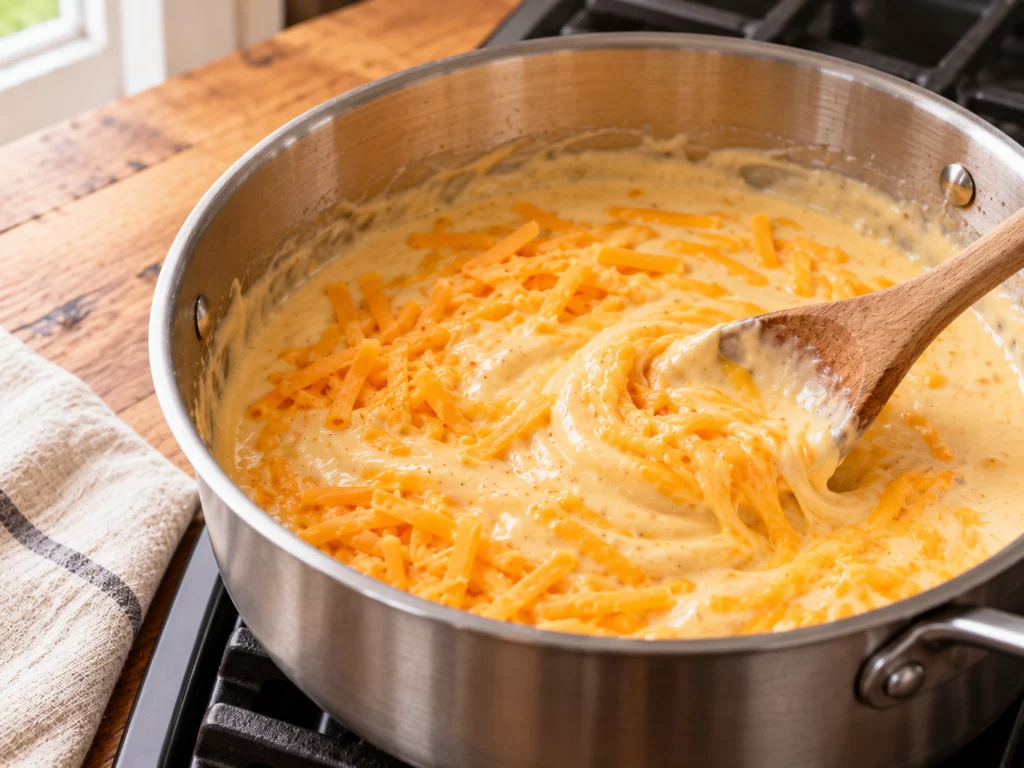 Shredded cheddar melting into a creamy sauce in a pot, with a wooden spoon stirring.