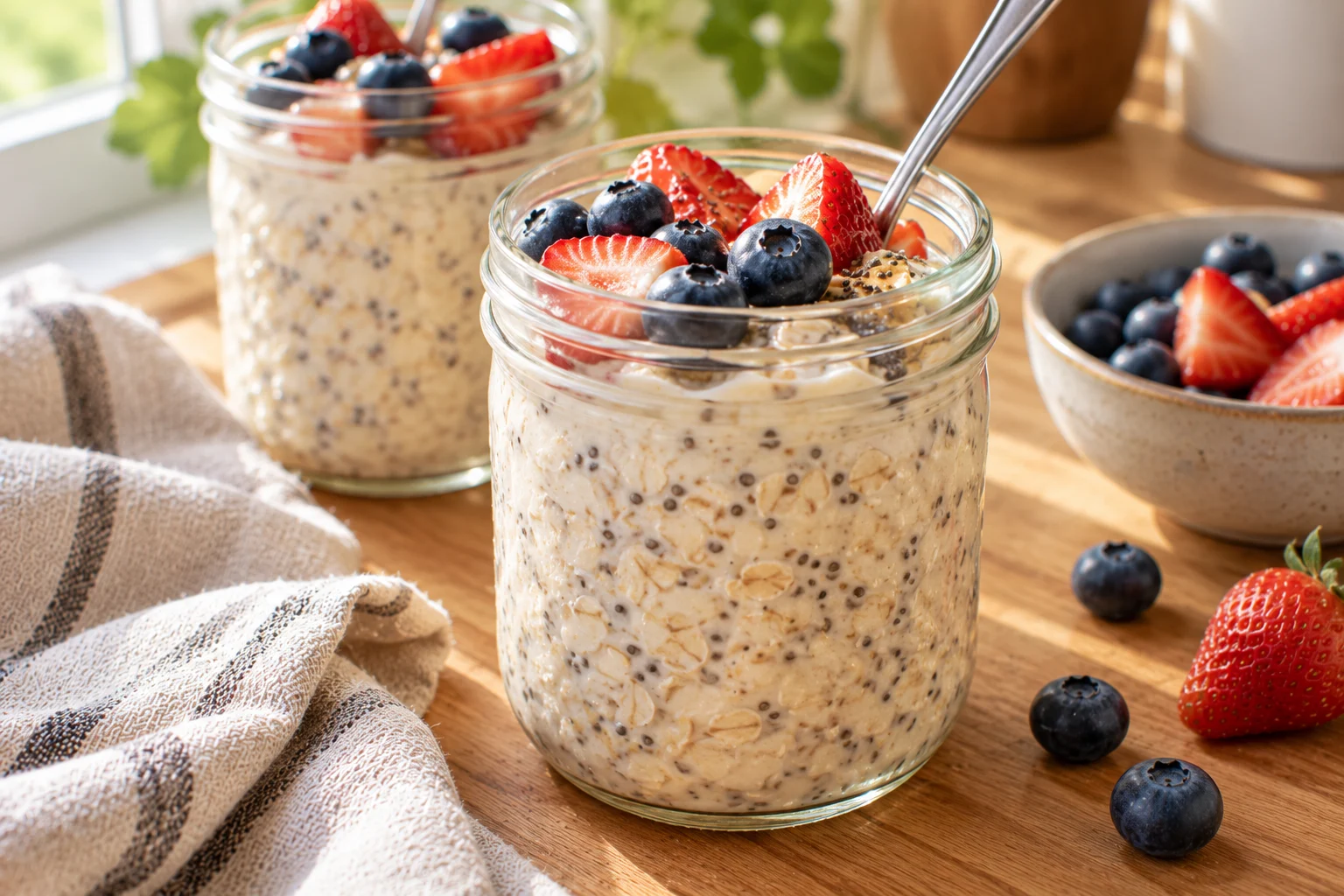 Cottage cheese overnight oats in a glass jar topped with blueberries and strawberries, with a second jar behind it.