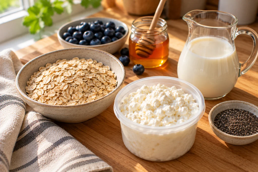 Rolled oats, a tub of cottage cheese, milk, chia seeds, honey and fresh blueberries on a light counter.