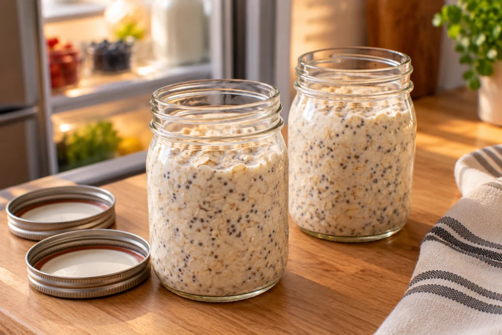Two glass jars filled with creamy overnight oats, lids beside them, ready for the refrigerator.