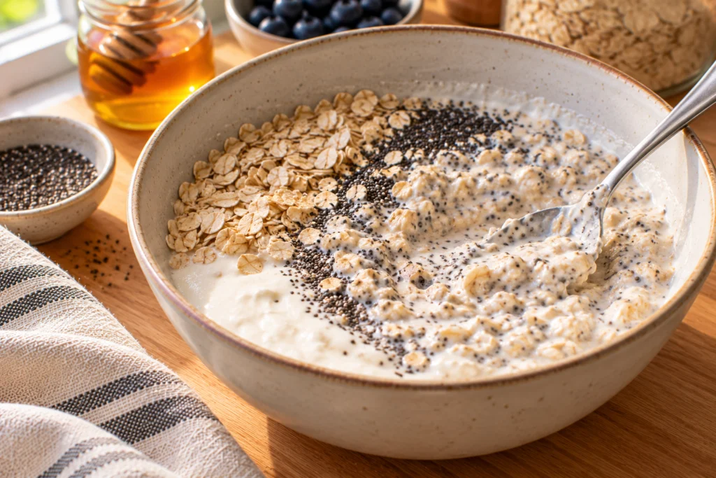 Rolled oats and chia seeds being stirred into a creamy blended cottage cheese mixture in a bowl.