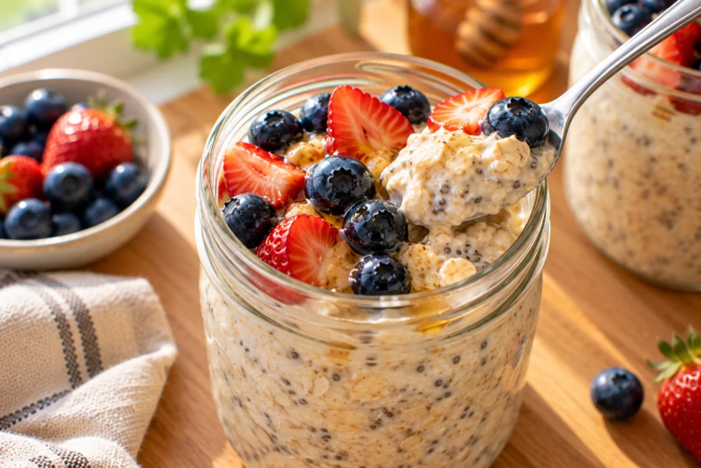 Cottage cheese overnight oats in a glass jar topped with fresh blueberries and strawberries, a spoon in it.