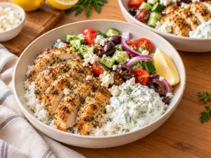 Greek chicken meal prep bowl with sliced chicken, rice, cucumber, tomatoes, olives, feta and cottage cheese tzatziki.