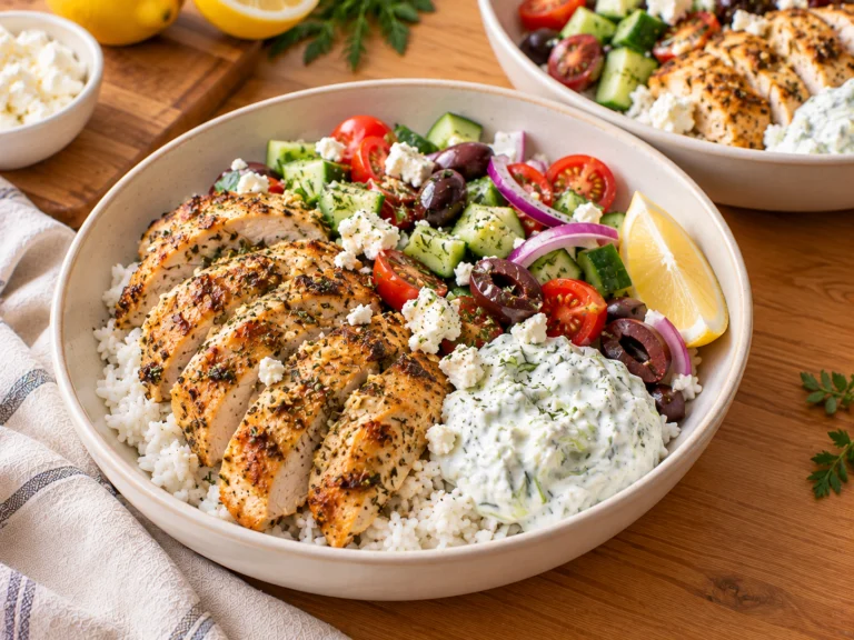 Greek chicken meal prep bowl with sliced chicken, rice, cucumber, tomatoes, olives, feta and cottage cheese tzatziki.