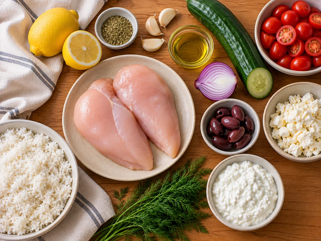 Raw chicken breasts, lemons, garlic, dried oregano, cucumber, cherry tomatoes, red onion, kalamata olives, feta, cottage cheese and cooked rice on a counter.