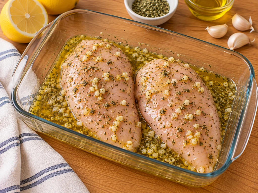 Raw chicken breasts coated in olive oil, lemon juice, garlic and oregano in a glass dish.