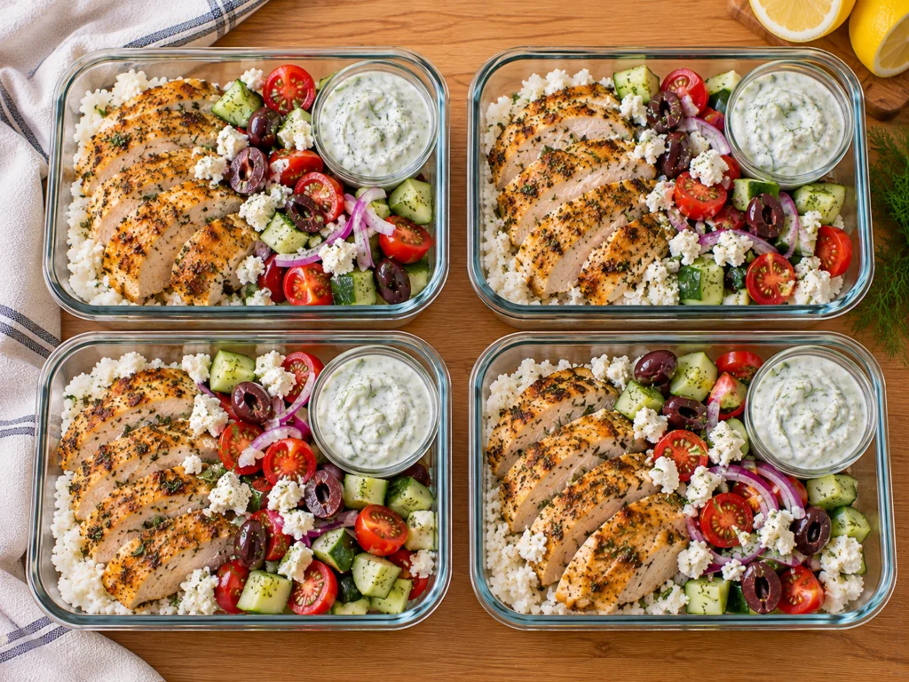 Four meal-prep containers with rice, sliced lemon-oregano chicken, cucumber, tomatoes, olives, feta and tzatziki.