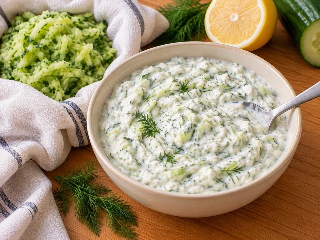 Thick cottage cheese tzatziki with grated cucumber and dill in a small bowl.