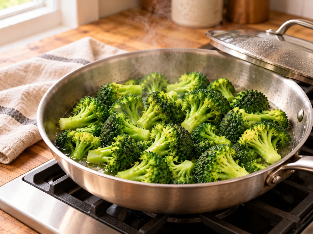 Bright green broccoli florets steaming in a 12-inch skillet.